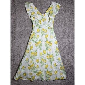 LaRoque Lemon Print Dress XS Ruffle Sleeve V Neck Fit Flare Midi Amalfi Lemon